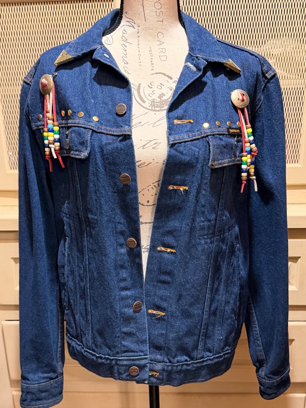 Vintage 80s Branders Dickies Hand Painted Native American Denim Jacket